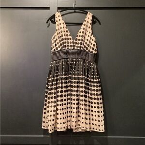 Anthropologie Burlapp polka dot Stripe Brown Black Sleeveless flare Mini dress 8